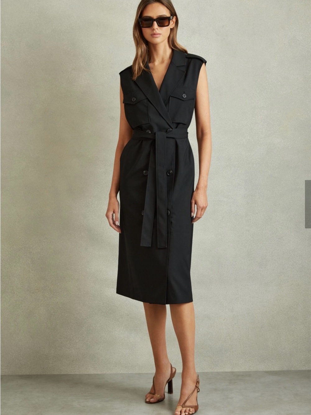 Reiss Sleeveless Black Belted Trench Midi Dress